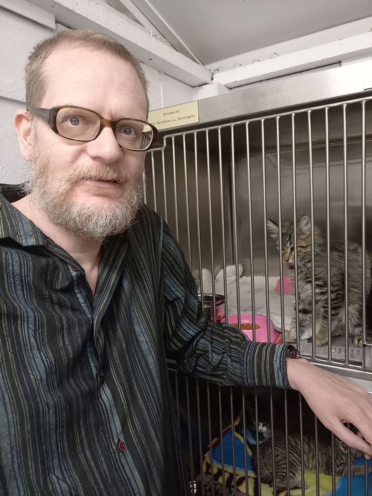 Pictured: me and a caged cat.